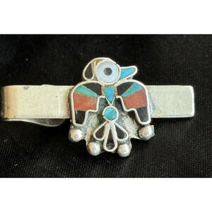 Vintage Zuny Native American Bird Inlay Tie Bar Sterling Signed 1 3/8" x 3/4"